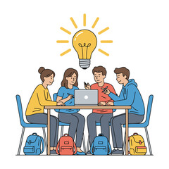 Group of students brainstorming new ideas with laptop and lightbulb