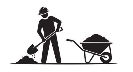 A construction worker uses a shovel to move dirt into a wheelbarrow, symbolizing labor and building processes on a white background.