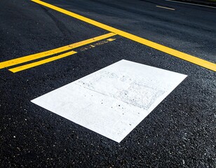 Close-up of asphalt road with white rectangle and yellow lines