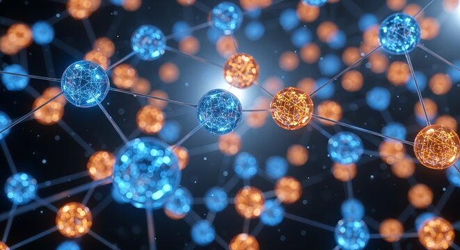 Visualization of molecular structures and digital networks representing biotechnology and data connectivity.