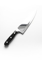 Obraz premium A sharp shiny chefs knife with a black handle and three silver rivets is angled diagonally on a bright white background