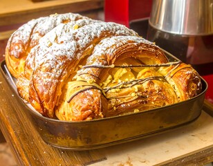Close-up of baked golden pastries in a metal tray with powdered sugar