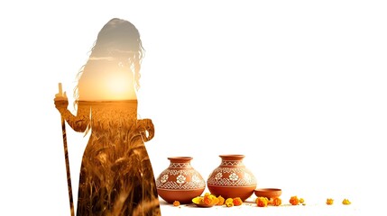 Silhouette of a Woman Amidst Harvest Scene fat Sunset or pongal festival , in double expose style in white background