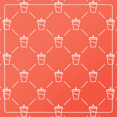 Seamless pattern on an orange background with boba cup icons. Line design for posters, social media, and banner templates.