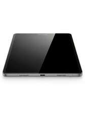 A sleek electronic tablet with a dark screen USB-C port and speaker grilles presented on a white background
