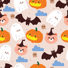 seamless pattern cute cartoon bear in witch hat with halloween element drawing