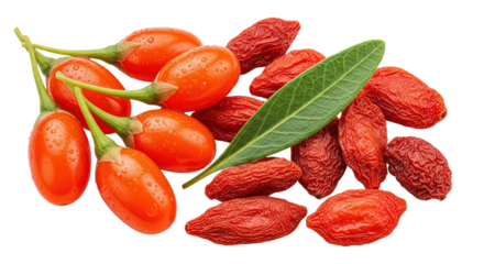 Vibrant Red Goji Berries Fresh and Dried With Green Leaf on Transparent Background 