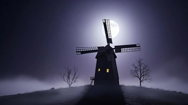 A full moon glows above a windmill on a misty hill, framed by bare trees, at night. Two windows glow warmly