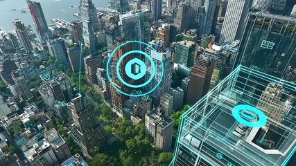 Aerial view of a modern city skyline with digital overlays showcasing technology and urban life - Powered by Adobe