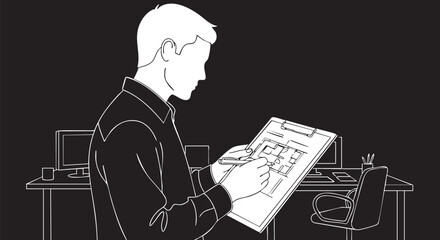 An architect sketches a blueprint, meticulously planning a new construction project, focusing on design elements and structural details for the building.