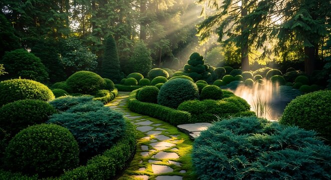 A meticulously manicured garden with sunbeams filtering through lush green trees, illuminating a winding pathway and perfectly shaped shrubs