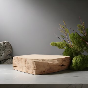 Rustic Wooden Podium with Natural Elements for Product Display.