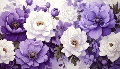 Close-up of lush, stylized purple and white blooms against a light background, conveying softness and freshness