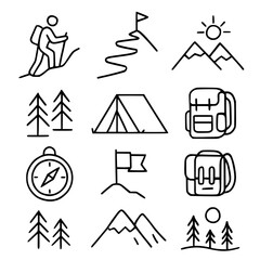 Obraz premium A collection of simple line art icons representing various aspects of hiking and outdoor adventure.
