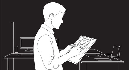 A man in a white shirt examines a document on a clipboard, possibly reviewing plans or data in an office setting, isolated on black.