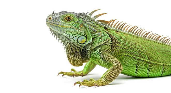 A vibrant green reptile an iguana is captured in a close-up side profile against a pristine white background showcasing its intricate scales spiky crest and watchful eye
