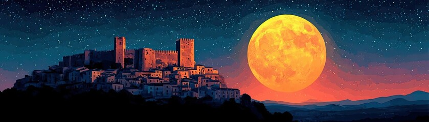 Fototapeta premium Large golden moon with starry night painting concept. A stunning night view of a castle under a full moon.