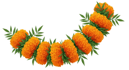A Garland of Bright Orange Marigold Flowers With Green Leaves On A Transparent Background