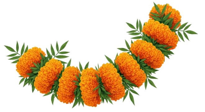 A Garland of Bright Orange Marigold Flowers With Green Leaves On A Transparent Background