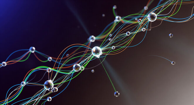 Abstract illustration of multi-colored wavy lines connecting clear spheres, symbolizing a fluid data stream, complex network, or biological connection against a dark, gradient background.