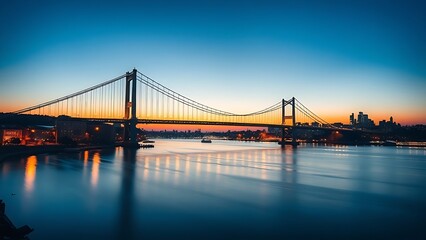 Obraz premium Silhouetted suspension bridge at dusk with city lights