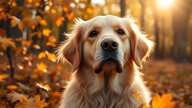 Golden Retriever portrait in autumn leaves with soft sunlight