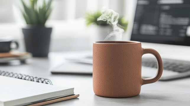 A matte clay mug sits on a desk. Steam rises from the mug. A notebook and a laptop are nearby. Green plants add a touch of nature to the workspace.