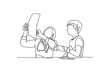 Female senior pediatrician showing x-ray of wrist and hand to little boy patient. Doctor and patient concept. Single line draw design. Vector graphic illustration