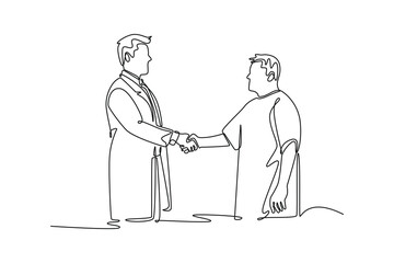 Young male doctor shaking hands with an elderly male patient. Doctor and patient concept. Single line draw design. Vector graphic illustration