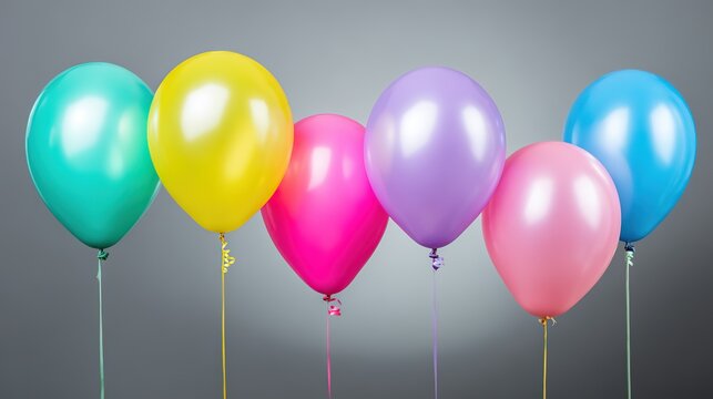 Colorful balloons, glossy and in a row, against a gray background, copy space.