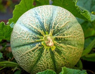 Close-up of a mature, textured melon amidst green leaves