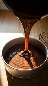 Chocolate Batter Pouring into Baking Pan Warm Sunlight