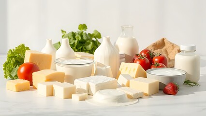 Fresh dairy products neatly arranged on a clean surface, bathed in soft natural light.