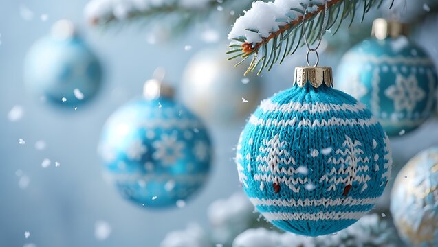 Festive Christmas Tree Decorations with Knitted Baubles and Snowflakes Delight