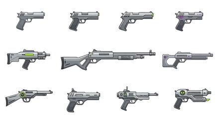 Diverse Collection of Stylized Modern and Futuristic Firearms Illustrations for Gaming, Graphic Design, and Digital Media Projects