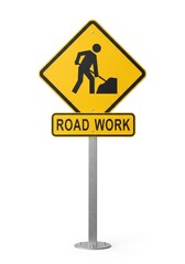 A yellow road work warning sign with a black person shoveling icon and ROAD WORK text stands on a metal pole