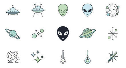 Collection of minimalist line art icons for science fiction themes including extraterrestrial life and cosmic objects