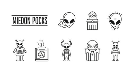 Diverse collection of extraterrestrial beings and futuristic spaceship line art icons, ideal for sci-fi concept designs and cosmic exploration themes