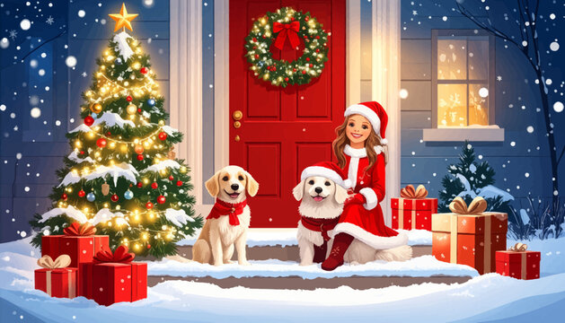 Christmas magic with girl and two golden retrievers. Holiday joy with woman, dogs, and red gifts. Cozy festive scene with retrievers and Christmas tree. Christmas charm with pets and glowing lights