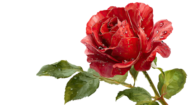 Vibrant red rose with fresh water droplets and lush green leaves in detailed floral illustration style isolated on white background