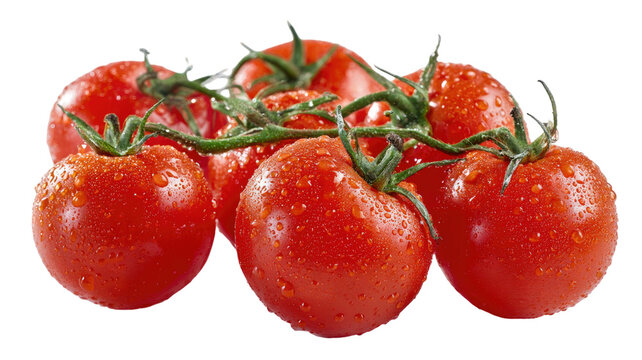 Fresh ripe red tomatoes on vine covered with water droplets showing vibrant color and natural juicy texture isolated on white background - Powered by Adobe