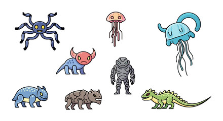 Collection of fantasy monsters, mythical creatures, and cartoon beasts with unique designs for creative projects