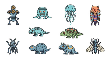 Collection of Unique Alien and Creature Icons in a Fun and Whimsical Style for Digital Design