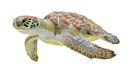 An aquatic reptile with a textured shell and scaly flippers set against a plain white background