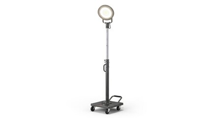 An illuminated portable work light on a wheeled dark gray base with an adjustable pole set against a white background