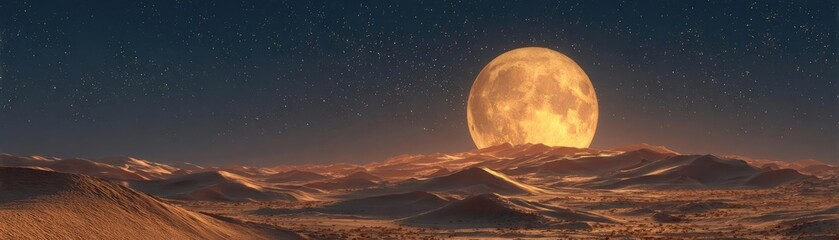 Large golden moon with starry night painting concept. A stunning moonrise over tranquil desert dunes at night.