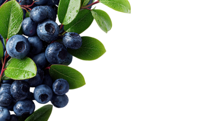Fresh ripe blueberries with green leaves and water droplets showing natural texture and vibrant color isolated on white background