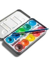 An open metal tin holds a paint set with twelve round color pans and a blue-handled brush on a white surface