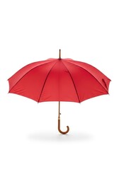 An open red umbrella with a curved wooden handle stands upright against a clean white background
