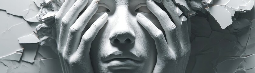 Fototapeta premium Minimalist Sculpture of cracked head holding face symbolizing stress concept. A person expressing intense emotion while breaking through barriers.